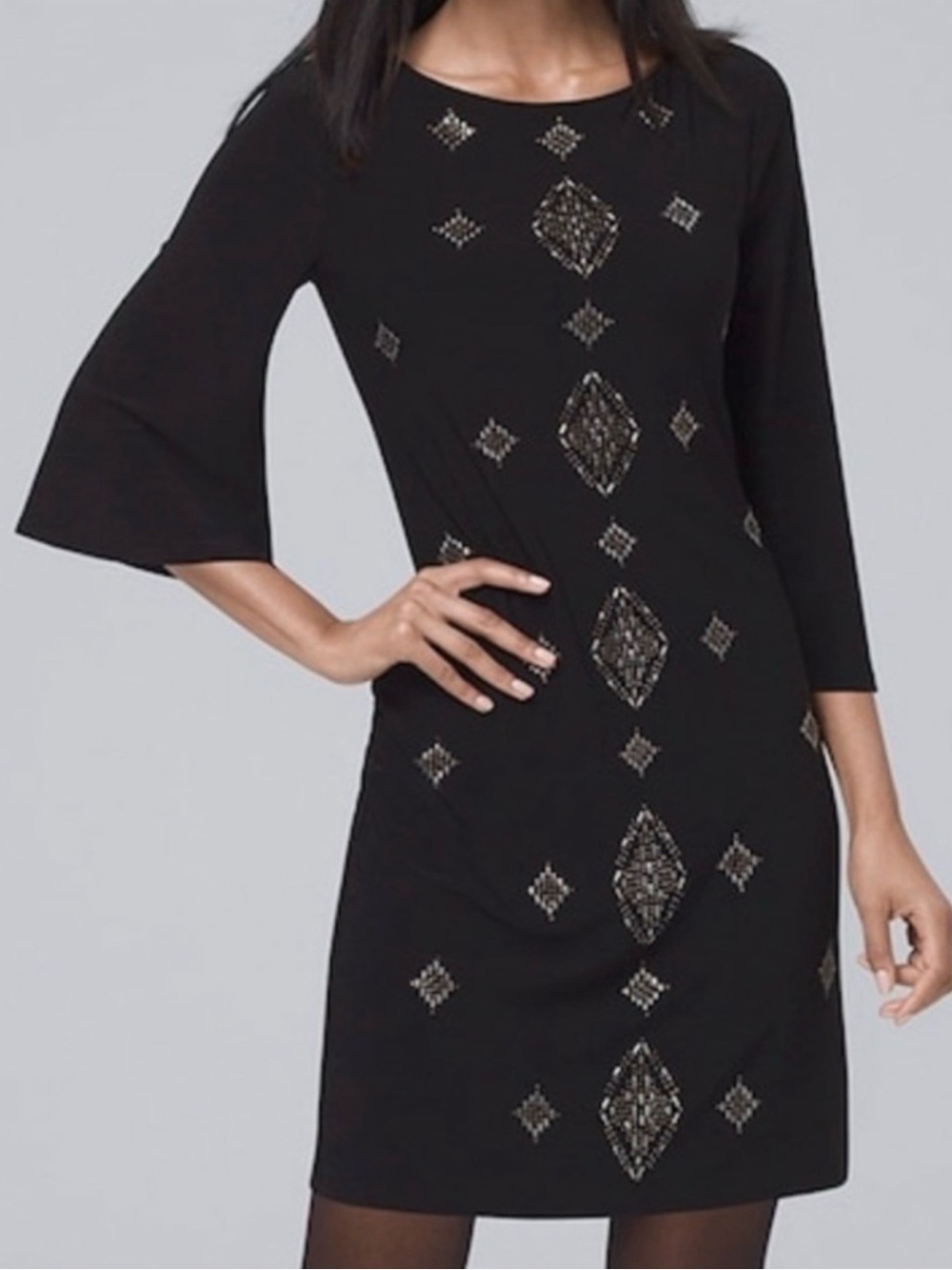 White House Black Market Embellished Black Shift Dress Sequins Sz  S EUC Classic